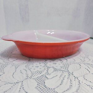 Glasbake Oval Divided Dish red Maid Of Honor casserole MCM vtg Sears scallop